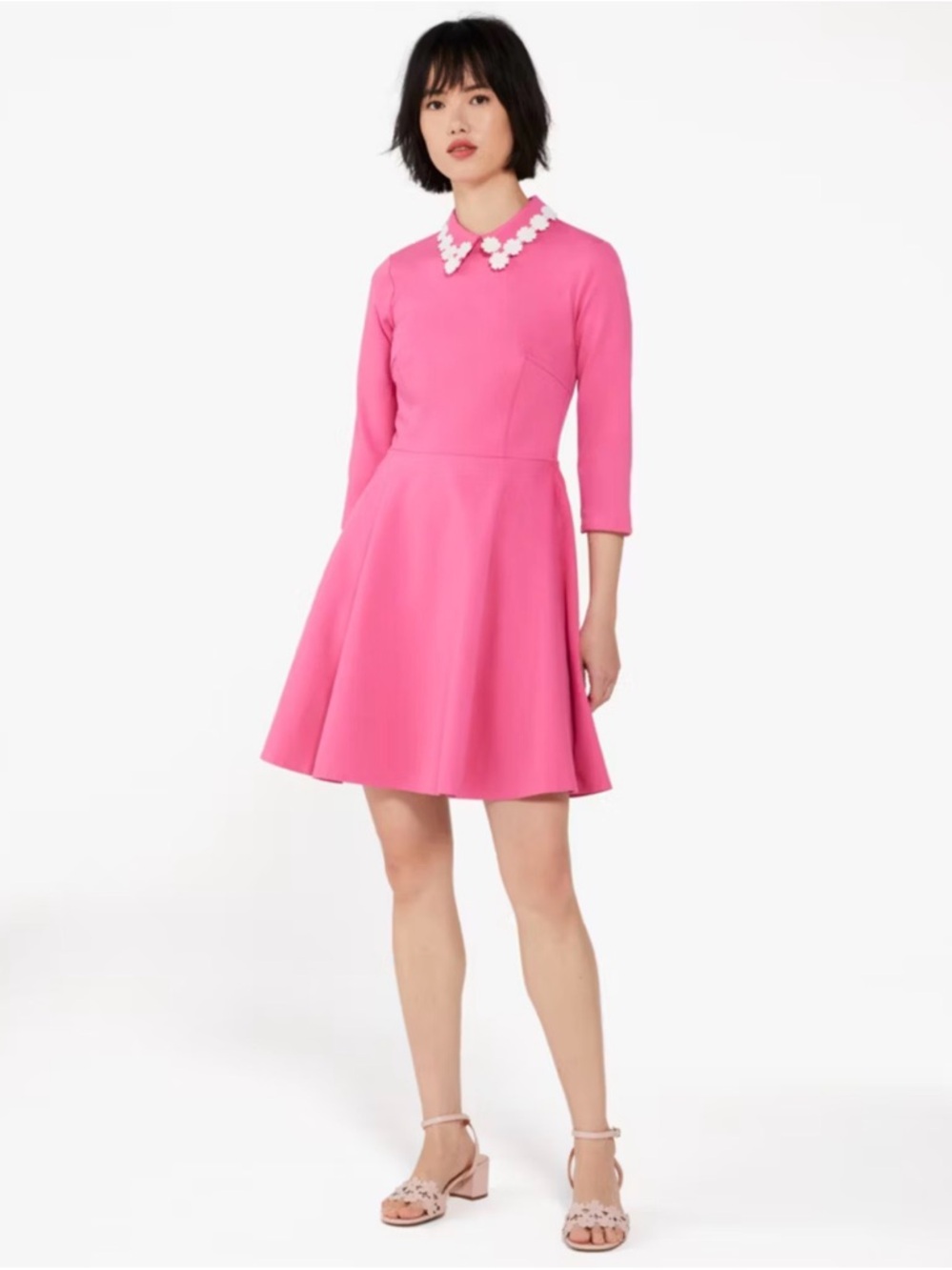 Kate Spade Floral Collar Ponte Dress Pink Fit-n-Flare Embroidered Collar Size:M